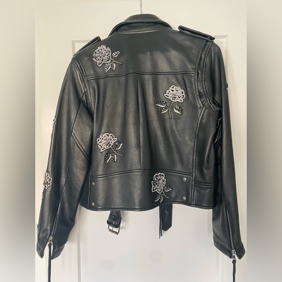 Nicole Miller Embellished Rose Moto Leather Jacket - Picture 3 of 5
